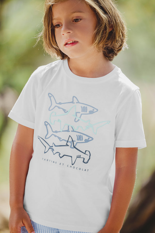 T-shirt - Blanc illustration requins - Image principale