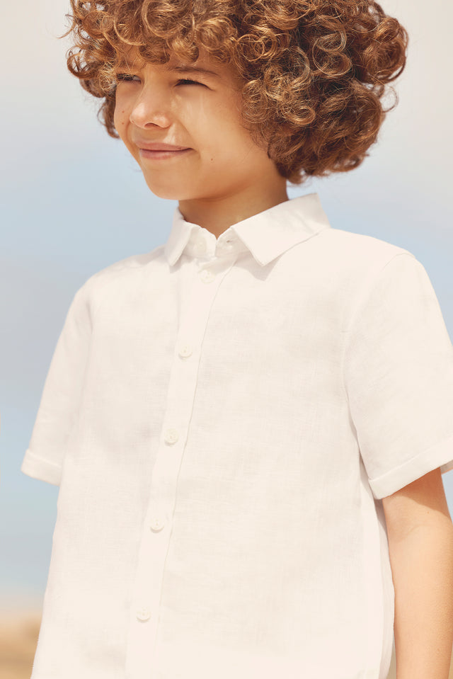 Camisa - Blanco Lino mangas cortas - Image principale