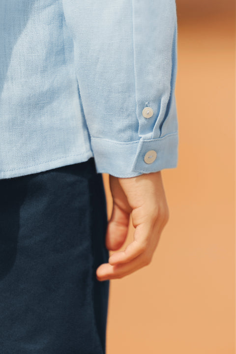 Camisa - Azul Grisyo Lino Cuello mao - Image principale