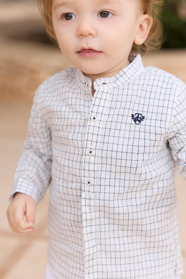 Camisa - Azul marino Lino Cuadros Cuello mao - Image principale