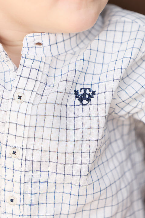 Camisa - Azul marino Lino Cuadros Cuello mao - Image principale