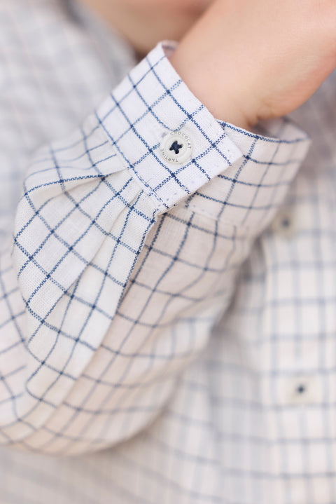 Camisa - Azul marino Lino Cuadros Cuello mao - Image principale