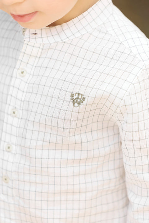 Shirt - Grün Farn Leinen Karo Stehkragen - Image principale