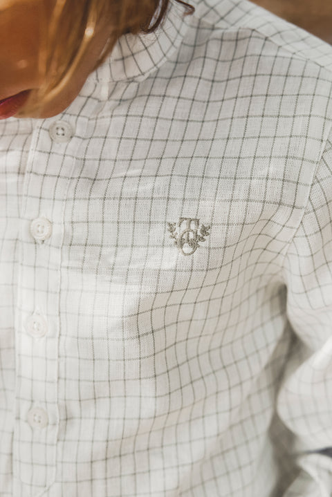 Shirt - Grün Farn Leinen Karo Stehkragen - Image principale