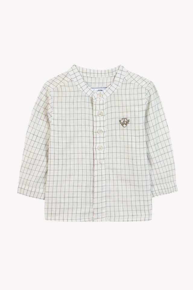 Shirt - Grün Farn Leinen Karo Stehkragen - Image principale
