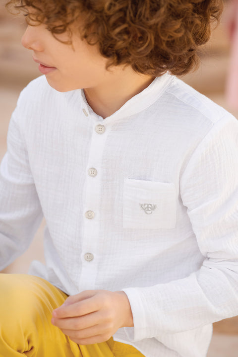Shirt - White cotton gauze Mao collar - Image principale