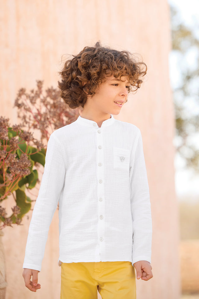 Shirt - White cotton gauze Mao collar - Image principale