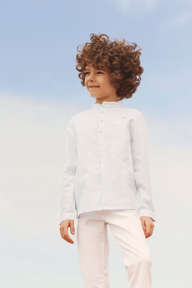 Camicia - Cielo di lino Righe Colletto alla coreana - Image principale