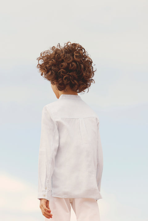 Camicia - Cielo di lino Righe Colletto alla coreana - Image principale