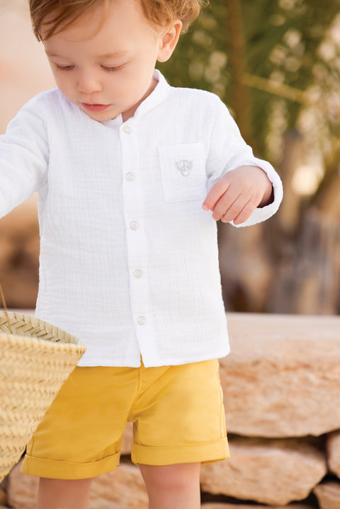 Camicia - Bianco garza di cotone Colletto alla coreana - Image principale