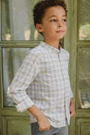 Shirt - Green fern Check Mao collar