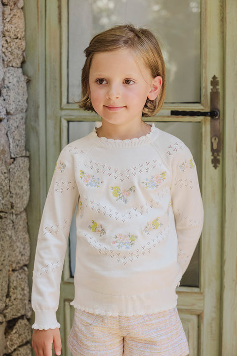 Pullover – ecru Stickerei blumig - Image principale