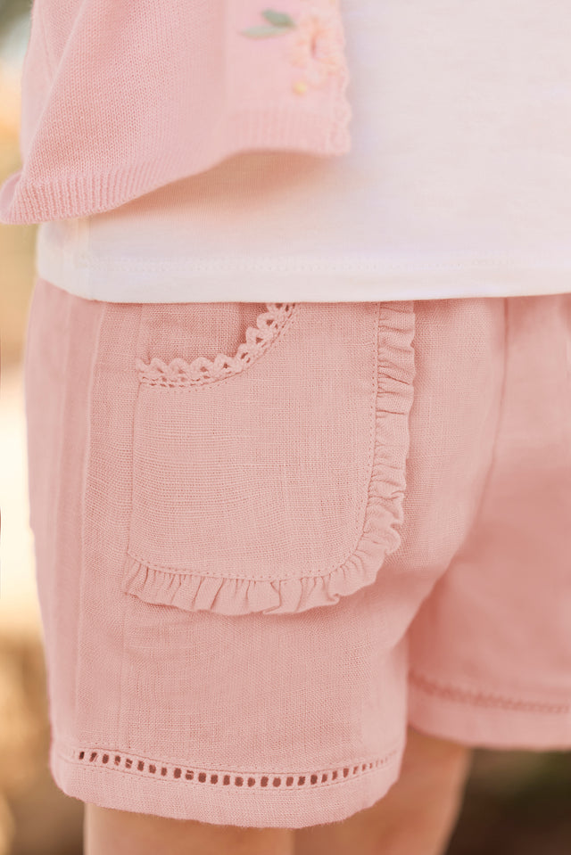 Pantaloncino - Dettagli traforati in lino peonia - Image principale