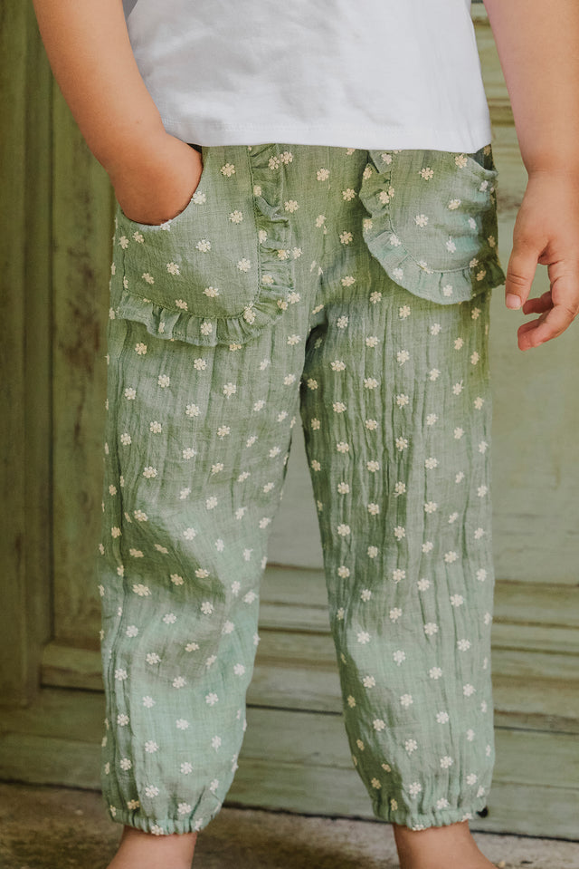 Pantalon - Verde sabio Bordado florido - Image principale