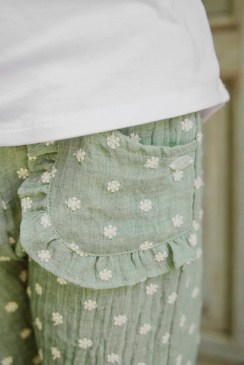 Pantalon - Verde sabio Bordado florido - Image principale