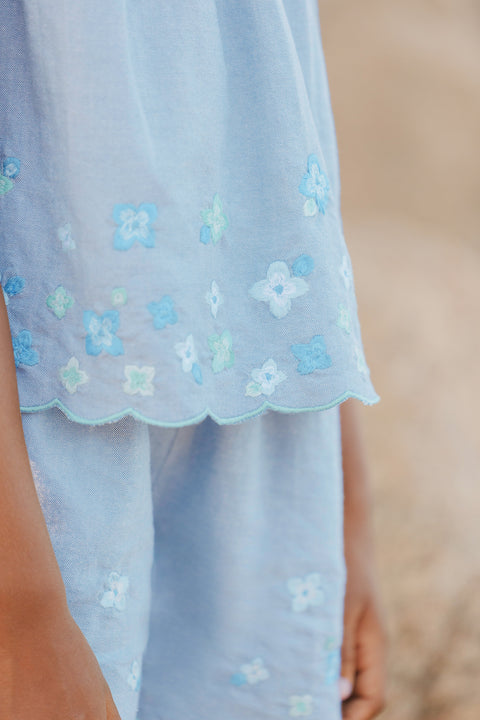 Short - Bleu chambray broderie fleurie - Image principale