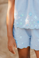 Short - Blauw chambray bloemenborduurwerk