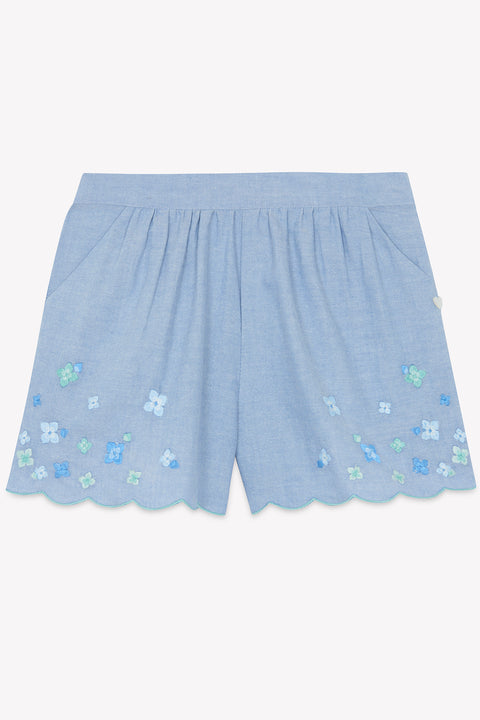 Short - Bleu chambray broderie fleurie - Image principale