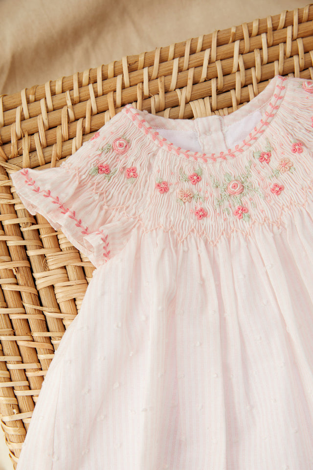 Robe - Rose pâle rayée broderie fleurie - Image principale