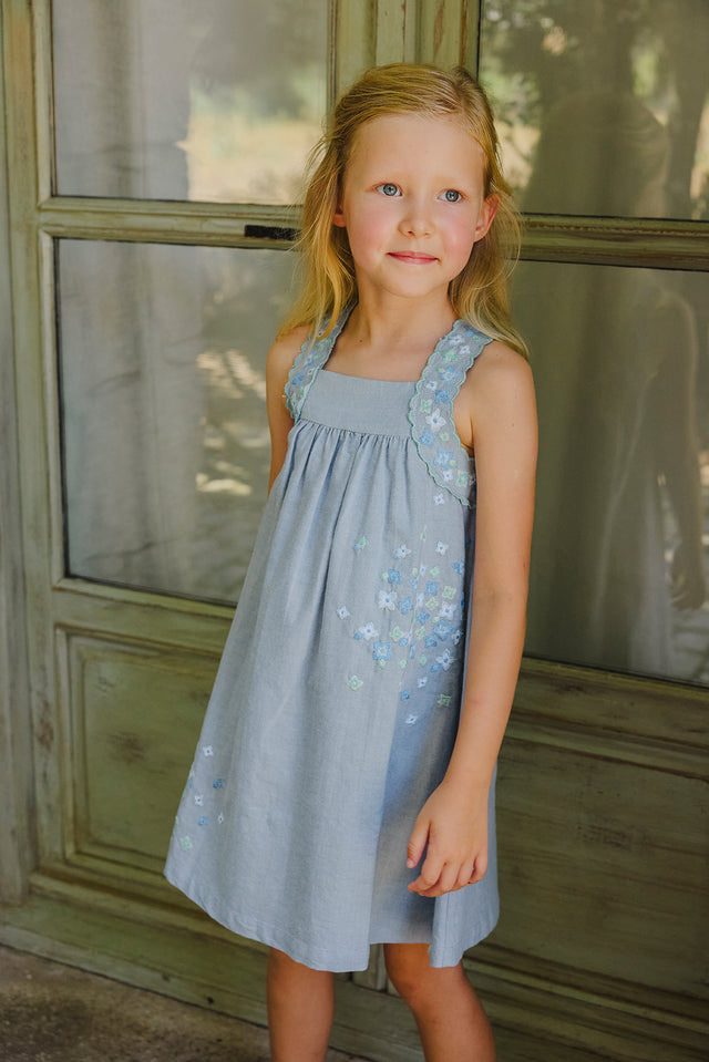 Robe - Bleu chambray broderie fleurie - Image principale