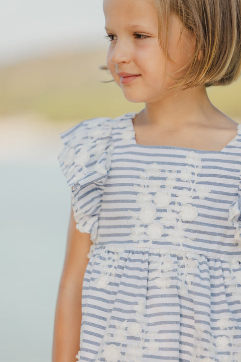 Robe - Marine à rayures broderie fleurie - Image principale