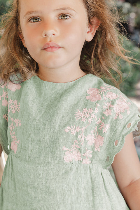 Robe - Kaki lin broderie fleurie - Image principale