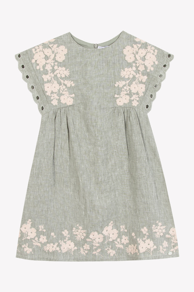 Kleid - Khaki Leinen Stickerei blumig - Image principale