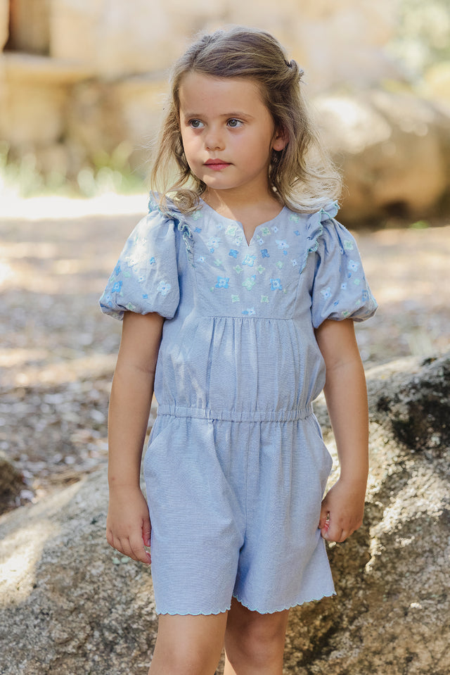 Combinaison courte - Bleu chambray broderie fleurie - Image principale