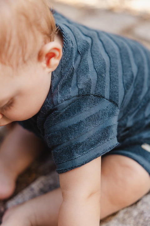 Combinaison courte - Marine lavé rayures bi-matière - Image principale