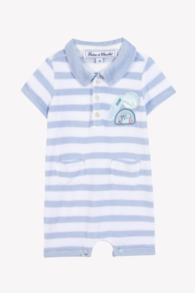 Kurzer Overall - Blau gewaschen gestreift Strickwaren Schwamm - Image principale