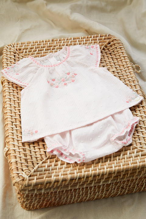 Outfit kurz - Blassrosa gestreift Stickerei blumig - Image principale
