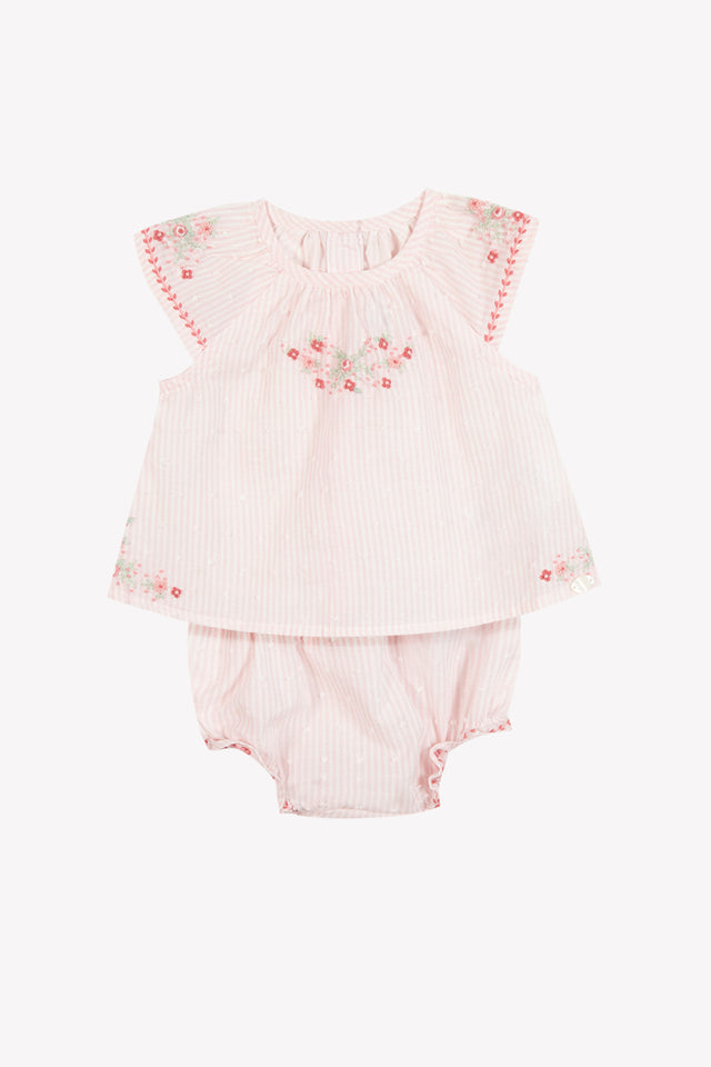 Ensemble court - Rose pâle rayé broderie fleurie - Image principale