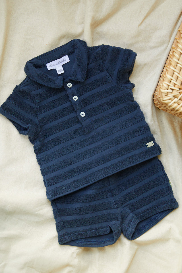 Outfit kurz - Marineblau gewaschen Streifens Bi-Material - Image principale