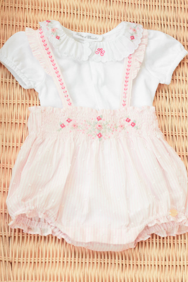 Ensemble court - Rose pâle rayé broderie fleurie - Image principale