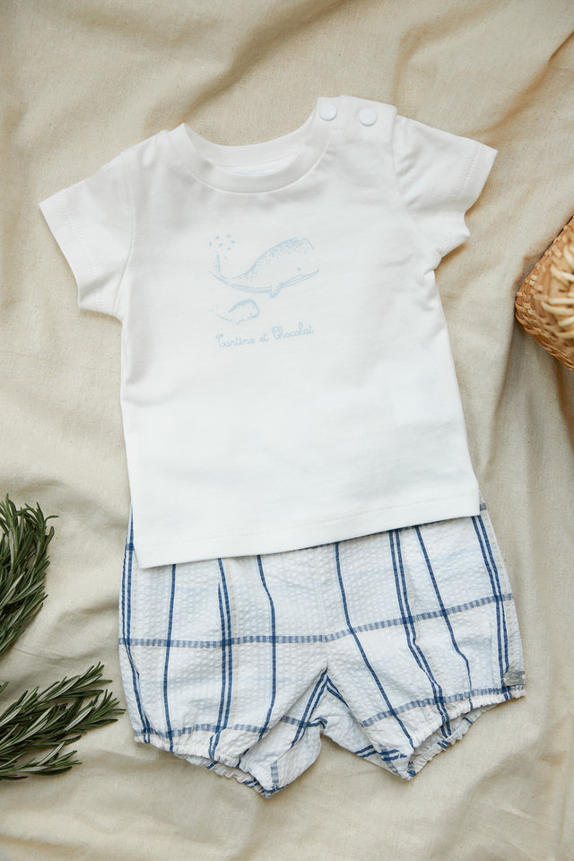 Outfit kurz - Blau Graué Karo und Illustration Wal - Image principale