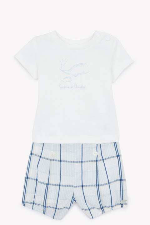 Outfit kurz - Blau Graué Karo und Illustration Wal - Image principale