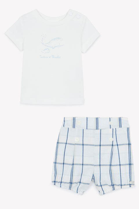 Outfit kurz - Blau Graué Karo und Illustration Wal - Image principale