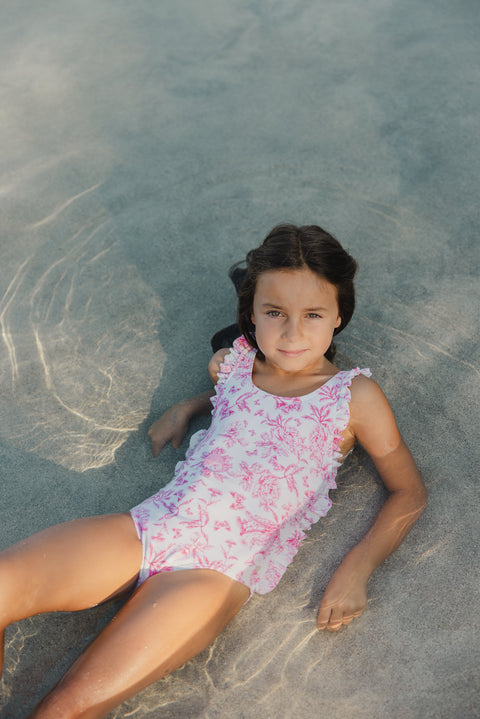 Maillot de bain - Rose vif imprimé inspiration Toile de Jouy - Image principale