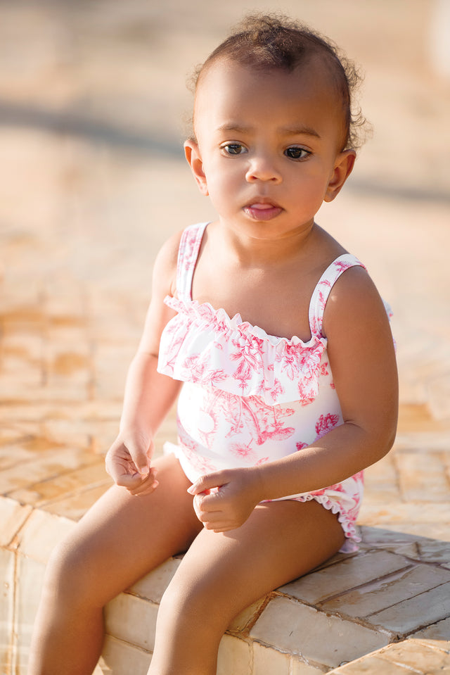 Maillot de bain - Rose vif imprimé inspiration Toile de Jouy - Image principale