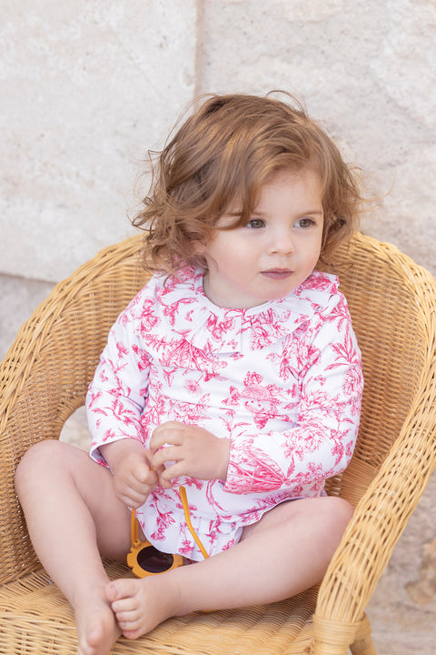T-shirt de bain - Rose vif imprimé inspiration Toile de Jouy - Image principale