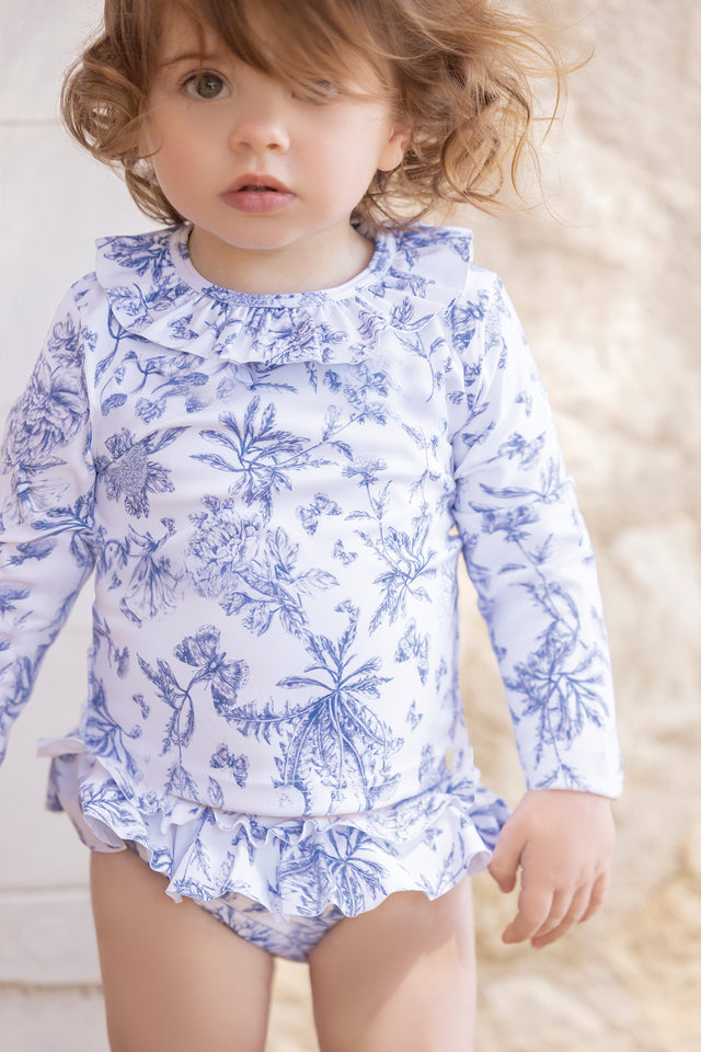 Culotte de bain - Bleu vif imprimé inspiration Toile de Jouy - Image principale