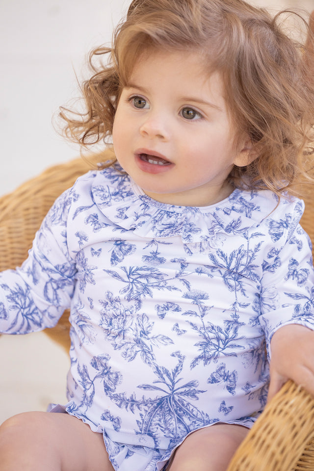 T-shirt de bain - Bleu vif imprimé inspiration Toile de Jouy - Image principale