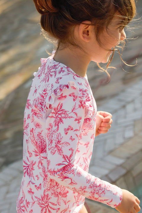 T-shirt de bain - Rose vif imprimé inspiration Toile de Jouy - Image principale