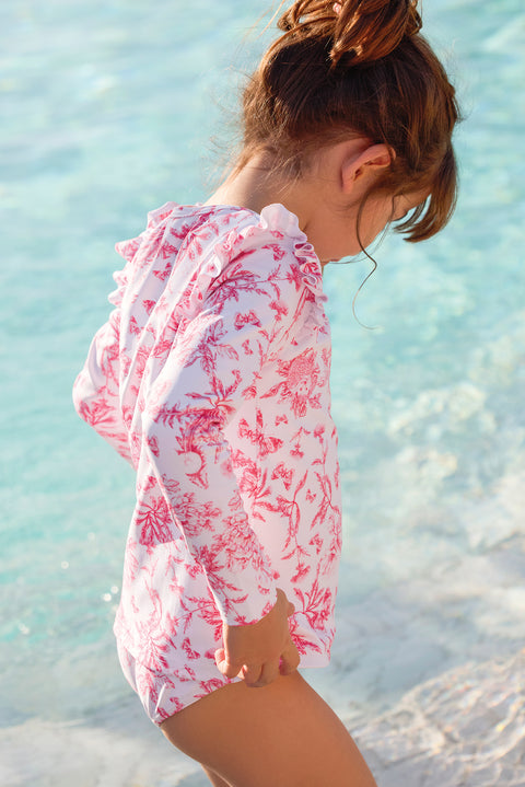 T-shirt de bain - Rose vif imprimé inspiration Toile de Jouy - Image principale