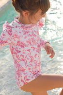 T-shirt de bain - Rose vif imprimé inspiration Toile de Jouy
