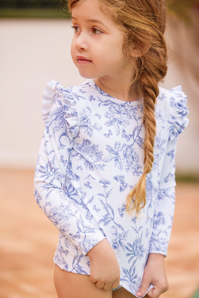 T-shirt de bain - Bleu vif imprimé inspiration Toile de Jouy - Image principale