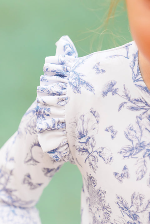 T-shirt de bain - Bleu vif imprimé inspiration Toile de Jouy - Image principale
