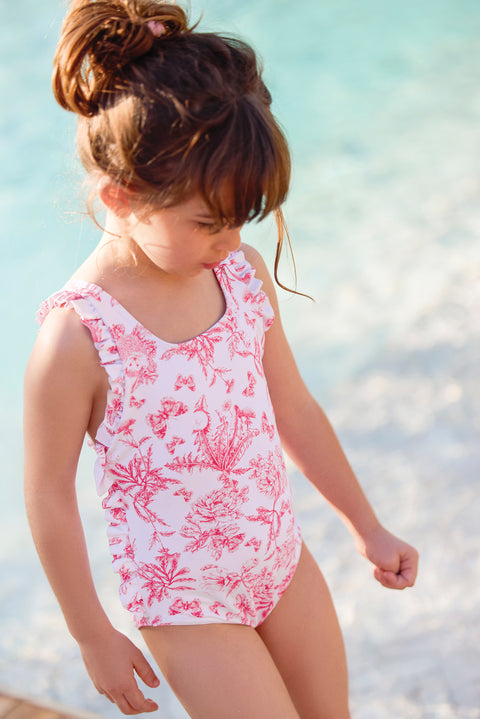 Maillot de bain - Rose vif imprimé inspiration Toile de Jouy - Image principale