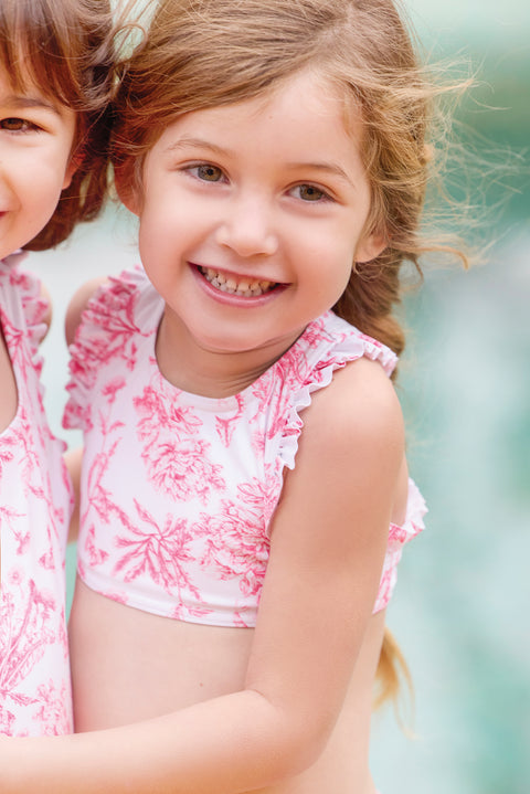 Maillot de bain - Rose vif 2 pièces imprimé inspiration toile de jouy - Image principale