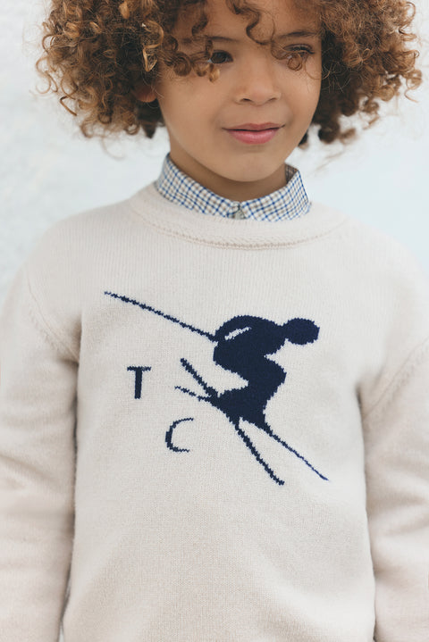 Pull - beige chiné illustration ski - Image principale